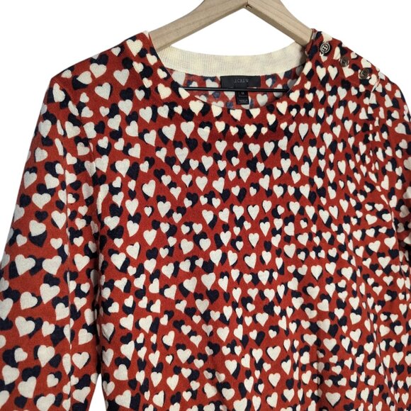 J Crew Merino Wool Heart Print Tippi Sweater Shoulder Button Lightweight Red M - Picture 3 of 6